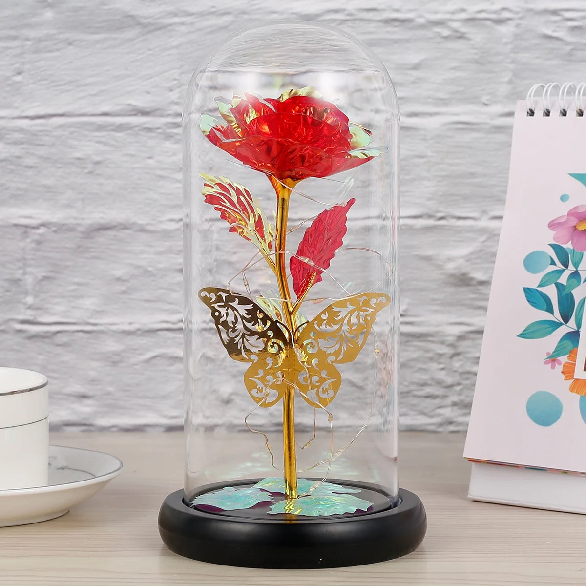 Rose Light Artificial Galaxy Rose Lamp with Butterfly and Colorful LED Rose Flowers in Glass 