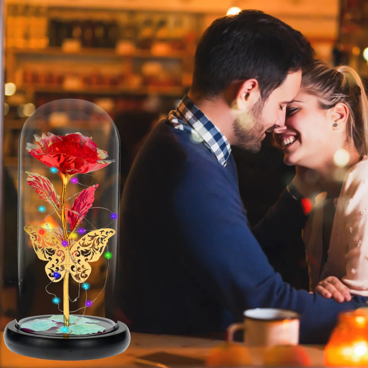 Rose Light Artificial Galaxy Rose Lamp with Butterfly and Colorful LED Rose Flowers in Glass 