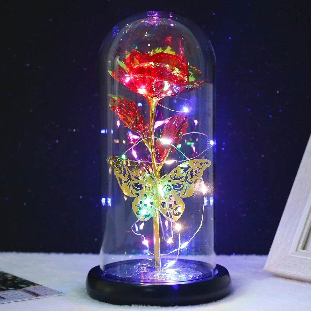 Rose Light Artificial Galaxy Rose Lamp with Butterfly and Colorful LED Rose Flowers in Glass 