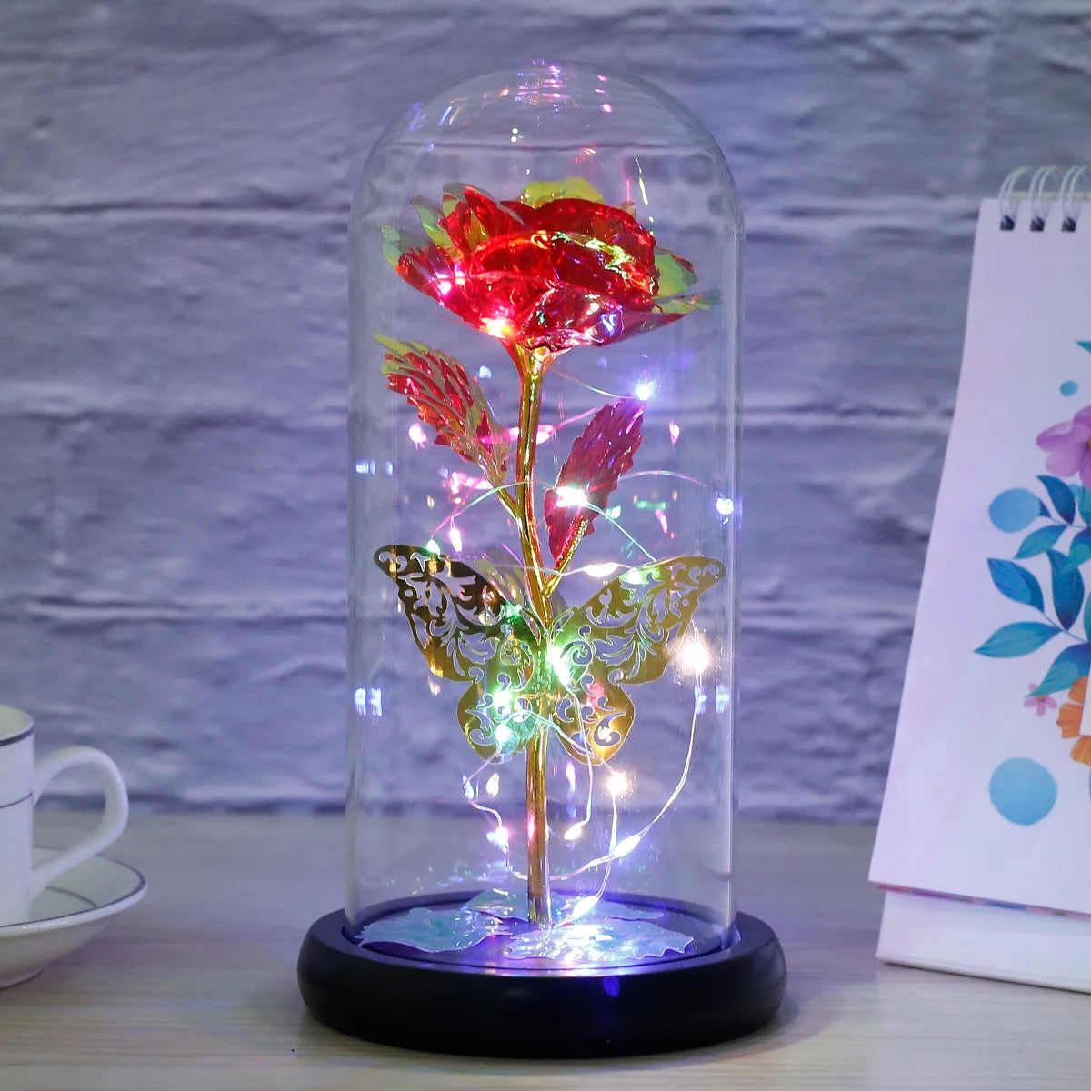 Rose Light Artificial Galaxy Rose Lamp with Butterfly and Colorful LED Rose Flowers in Glass 