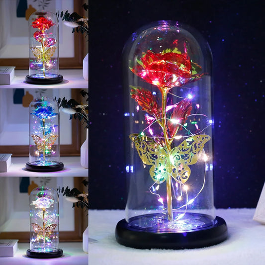 Rose Light Artificial Galaxy Rose Lamp with Butterfly and Colorful LED Rose Flowers in Glass 