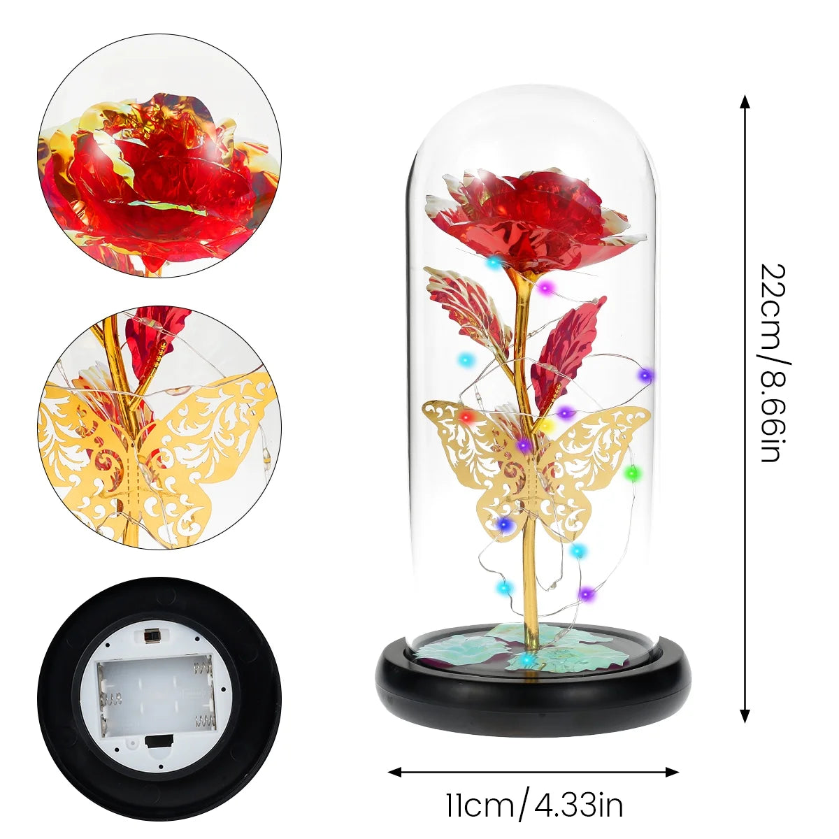 Rose Light Artificial Galaxy Rose Lamp with Butterfly and Colorful LED Rose Flowers in Glass 